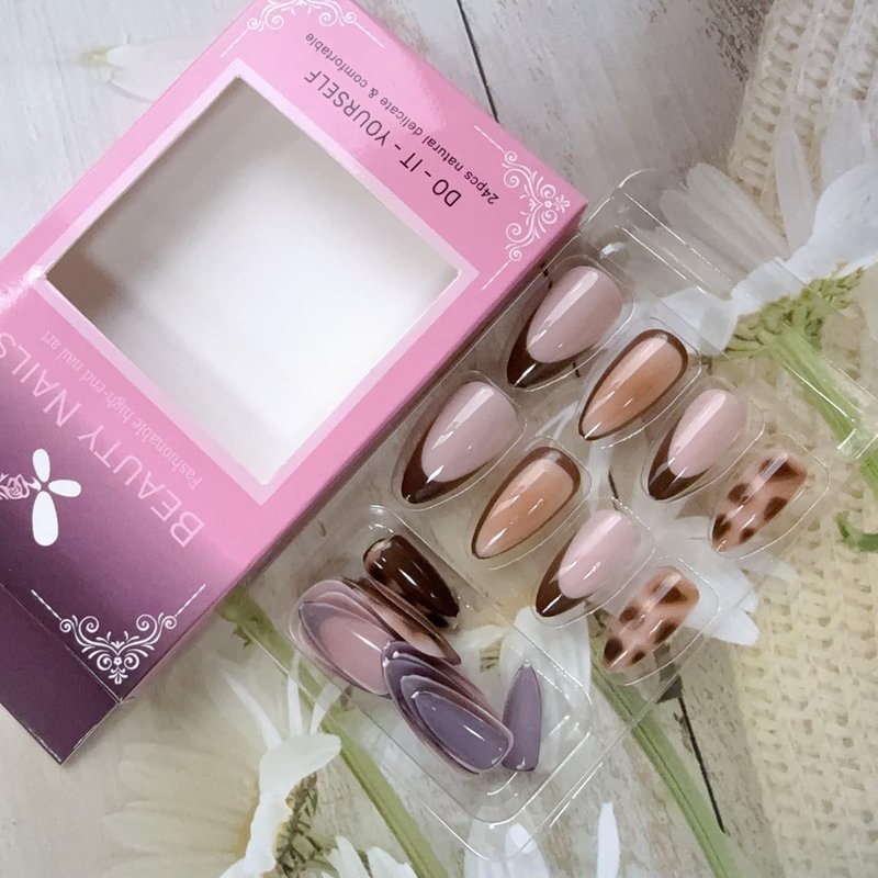 Almond Press on Nails Short Fall Fake Nails with Designs Press on Almond Nails Glossy French Tip Gel False Nails Kits Brown Acrylic Full Cover Stick on Nail for Women 24PCS
