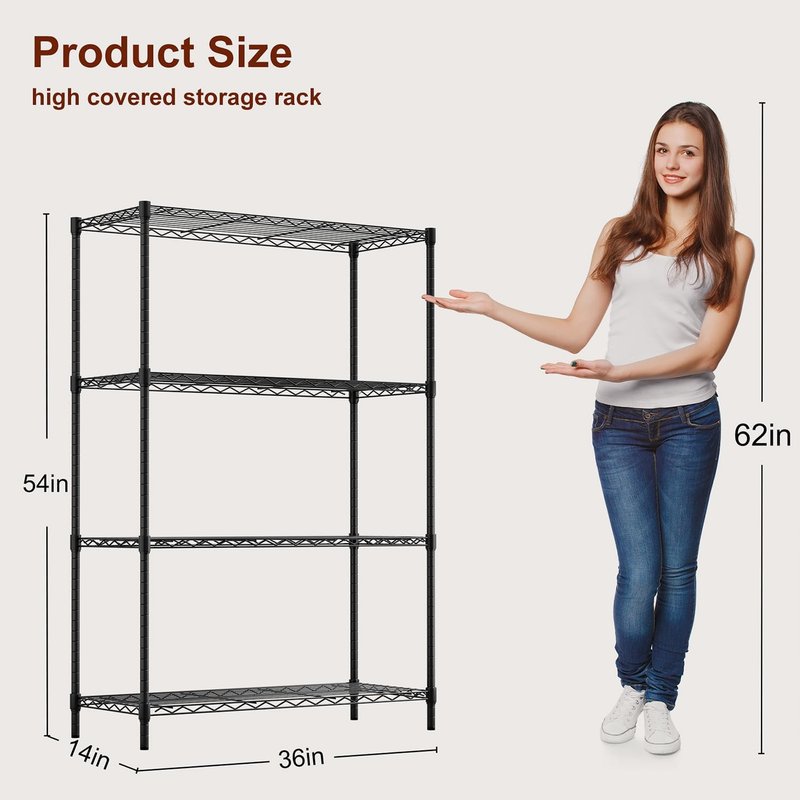 4-Tier Wire Storage Shelves - Heavy-Duty Metal Rack | Adjustable | 36x14x54 | Black | Holds Up to 1000 lbs | No-Tool Assembly
