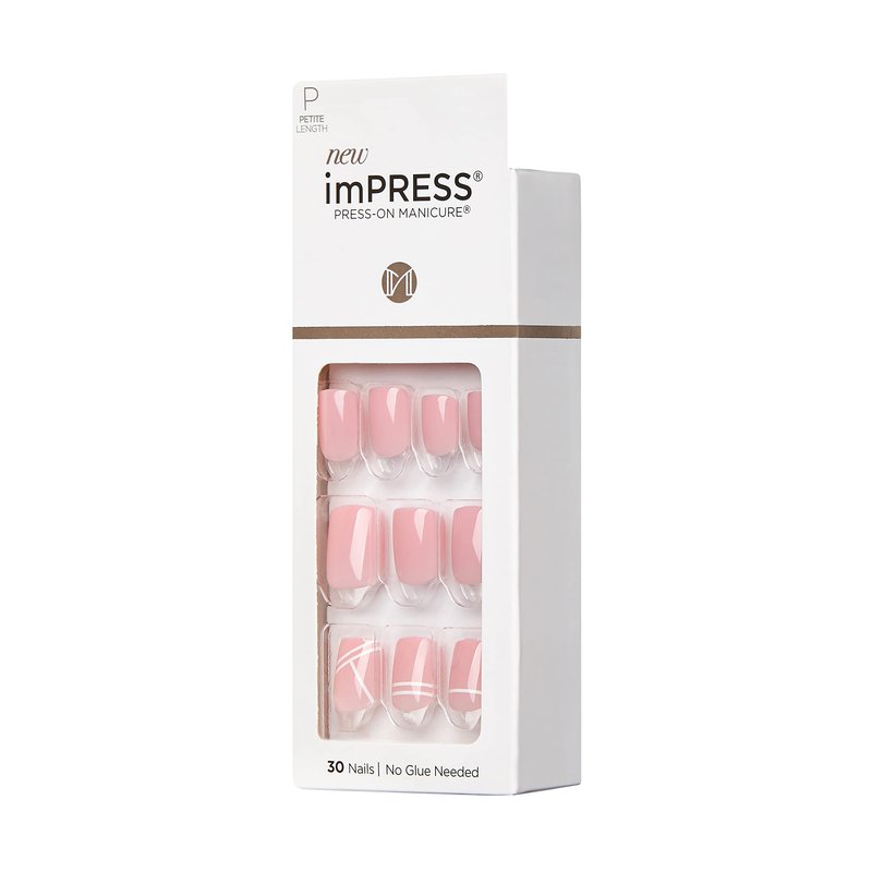 KISS imPRESS No Glue Mani Press On Nails, Design, 'Timeless Day', Pink, Petite Size, Squoval Shape, Includes 30 Nails, Prep Pad, Instructions Sheet, 1 Manicure Stick, 1 Mini File