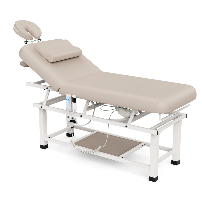 pouseayar Heating Function Heavy Duty Electric Stationary Massage Table with Backrest Adjustable and Storage Space for Treatment/Medical Spa/Facial/Beauty/Massage Bed - 30 x 75 - Beige Gray