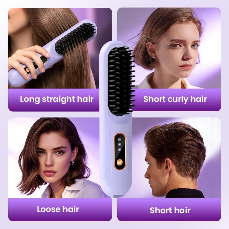Portable Straightener Brush for Short Hair, 2026 Upgraded Cordless Straightening Brush with 30s Fast Heat, 3 Temperature Setting, Ionic Ceramic Care, USB-C Rechargeable for Frizz Free Styling (Purple)