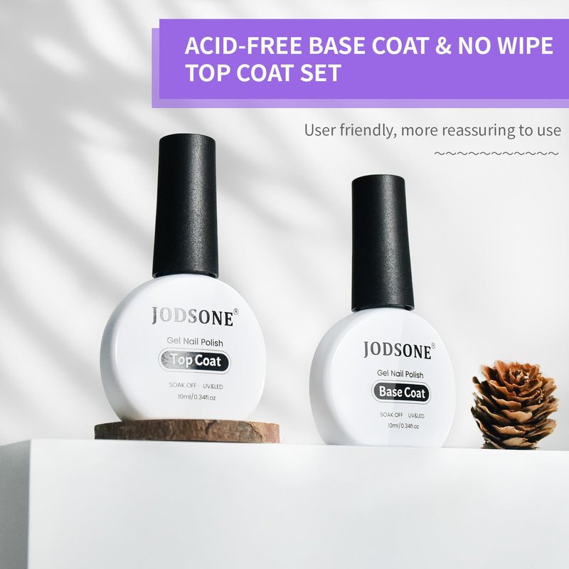 JODSONE Top Coat & Base Coat Gel Polish Set - 10ml Bright Finish for DIY Nail Art | Perfect Gift for Girls