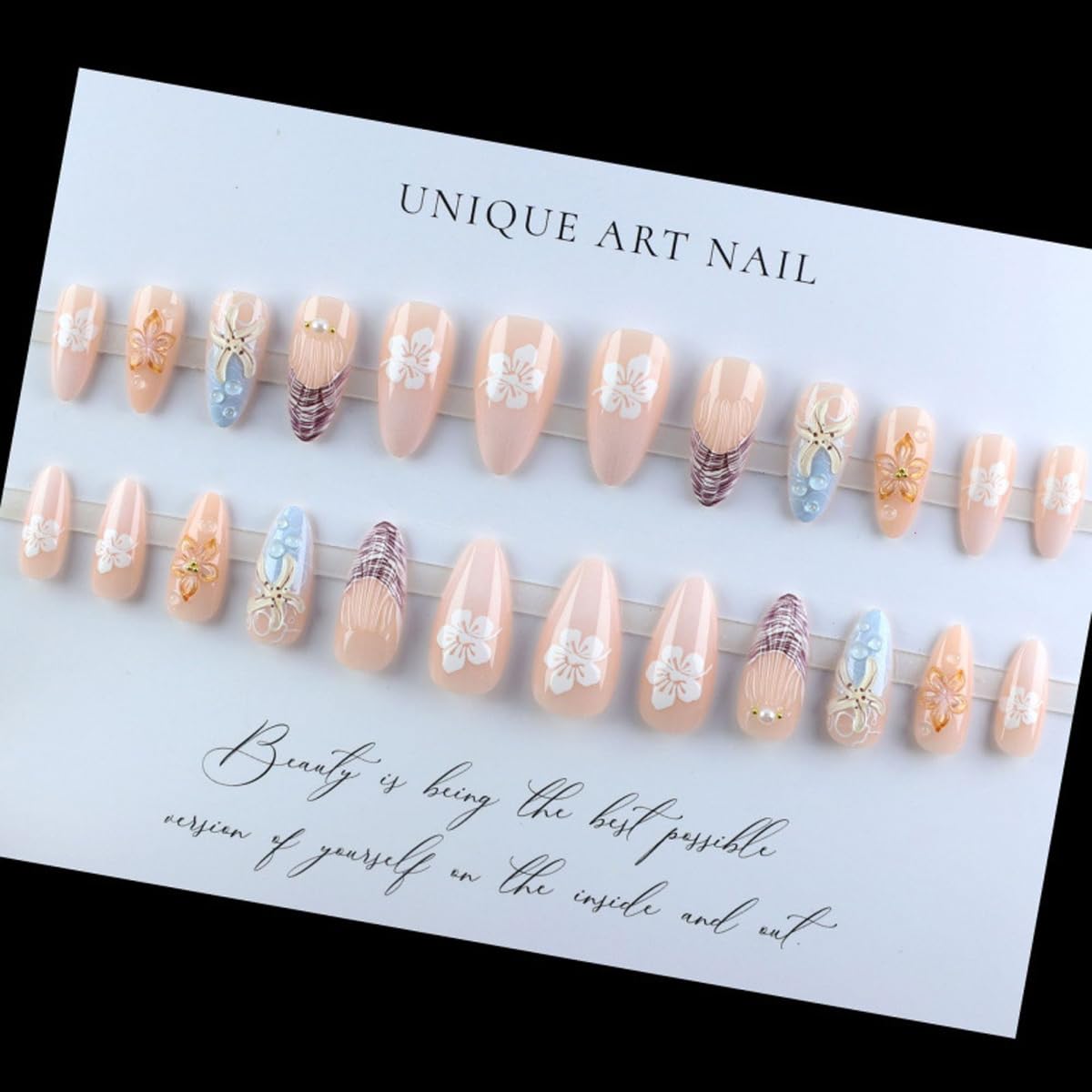 Skiennix Summer Press On Nails - Medium Almond French Tip with 3D Flower & Starfish | 24PCS Glossy Manicure Kit