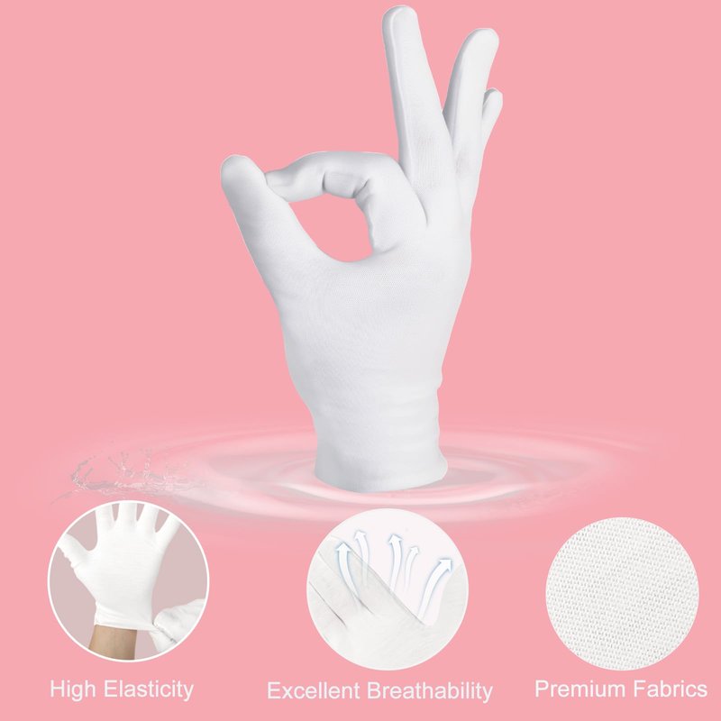 12-Pack White Cotton Gloves, for Dry Hands Sleeping Eczema Care and Night-Time Moisturizing, Unisex Soft Sleep Elastic SPA Glove Set, Arts Crafts, Wedding, Halloween Costumes, Jewellery Inspection