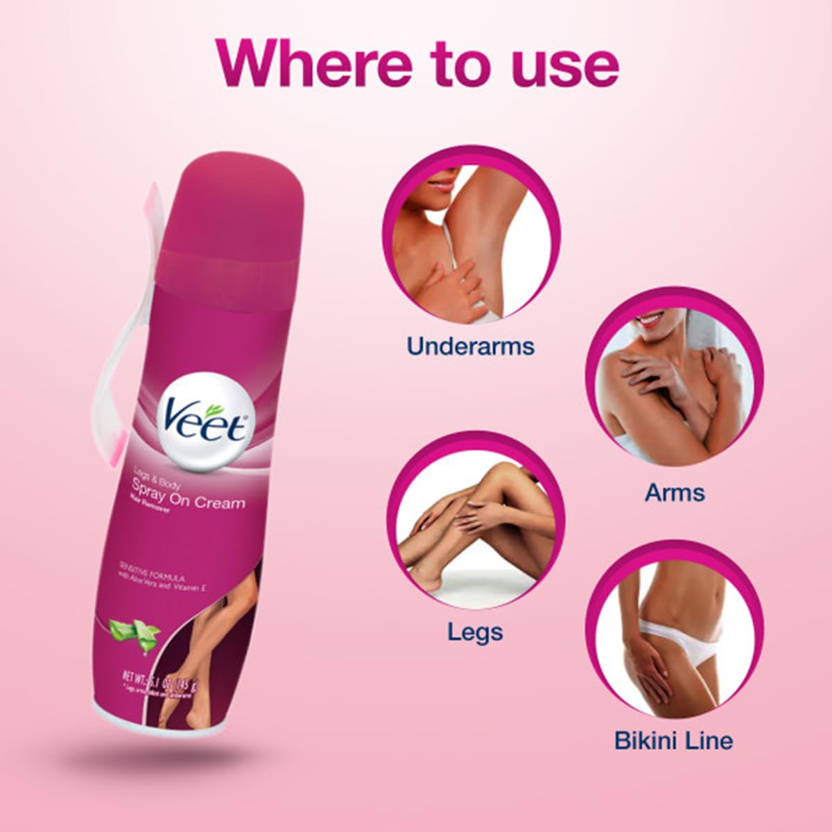 Hair Removal Cream – VEET Legs & Body 3 in 1 Spray On Hair Removal Cream, Sensitive Formula with Aloe Vera and Vitamin E, 5.1 oz Spray Can