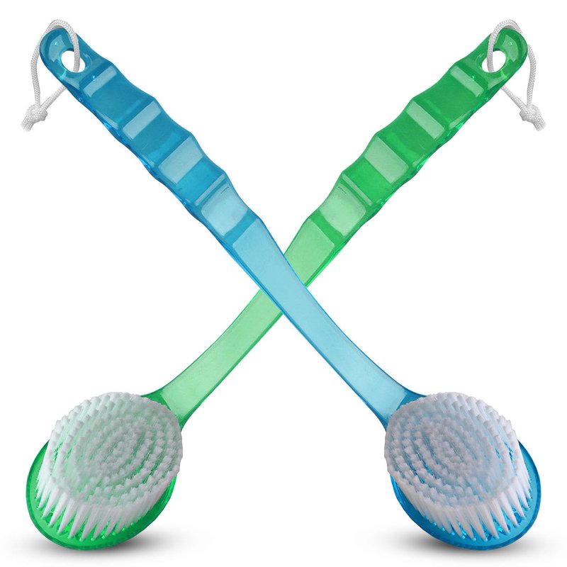 2 Pack Bath Body Brush Long Handle Back Shower Brush Exfoliating Back, Body, and Feet Scrubber Soft Nylon Bristles (Blue & Green)