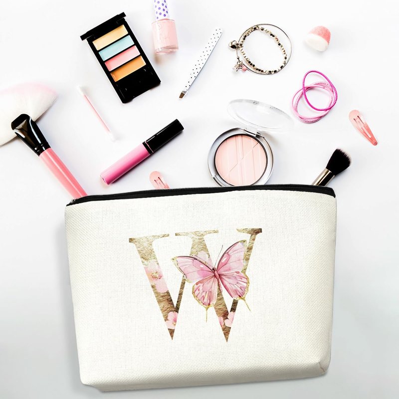 Initial Makeup Bag Pink Butterfly W Personalized Cosmetic Bag Monogrammed Gifts for Women Girls Mama Bridesmaid Monogram Zipper Pouch for Friendship Mothers Day Birthday Wedding Bridal Shower Gifts