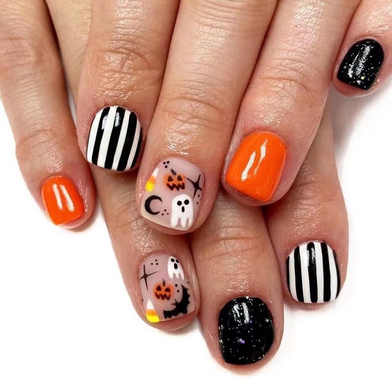 Skiennix Halloween Press-On Nails - Short Square & Almond Styles with Pumpkin, Ghost & Spider Web Designs | 144 Pcs in 12 Sizes
