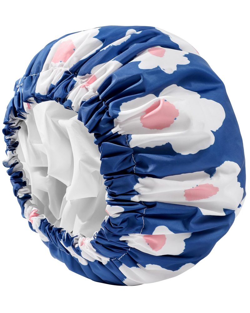YIZIJIZI Shower Cap - Two Layer Waterproof Large Shower Cap for Women, Reusable Shower Caps for Long Thick Hair, Adjustable for Double Layer Adjustable Soft Bath Shower Caps (Blue)