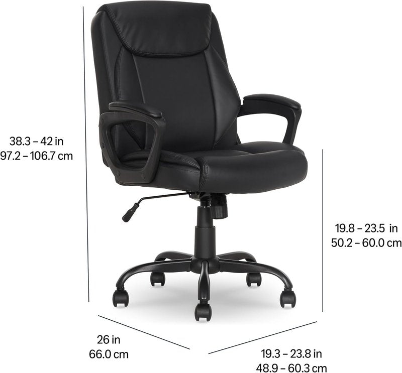 Classic Puresoft PU Mid-Back Office Desk Chair - Sturdy Metal Base, Easy Assembly, 275lb Support | Black 26"D x 23.75"W x 42"H
