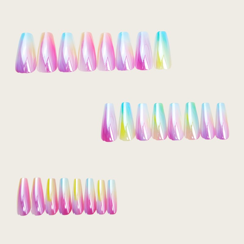 Chrome Press on Nails Medium Coffin Fake Nails Dreamy Rainbow Aurora False Nails Laser Glossy Full Cover Stick on Nail Reusable Artificial Glue on Nails for Women Manicure 24Pcs