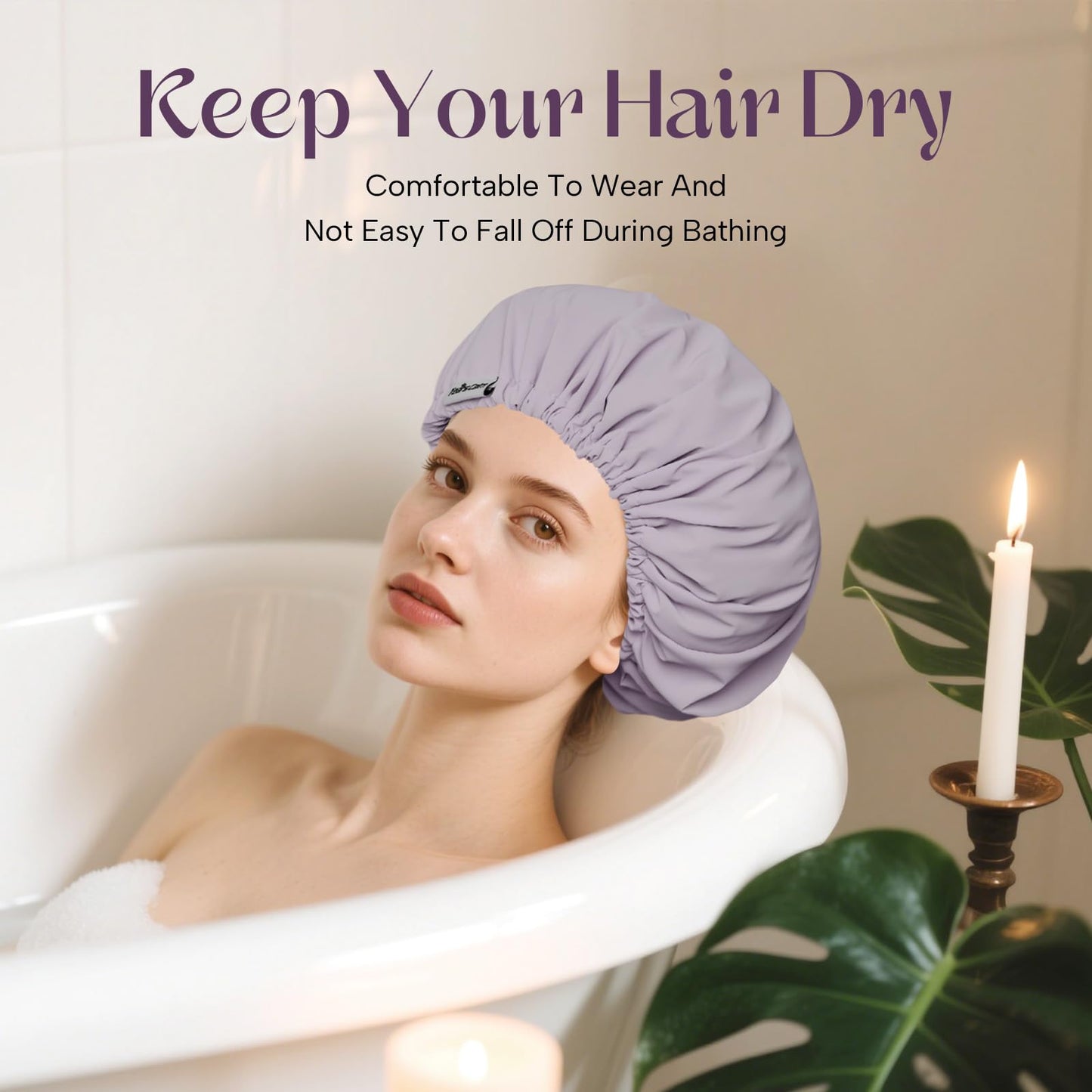 Years calm Shower Cap Reusable Waterproof, Double-Layer Hair Cap for Women, with Elastic Band, Ideal for Shower, Spa, Travel & Cleaning (Light purple, One Size)