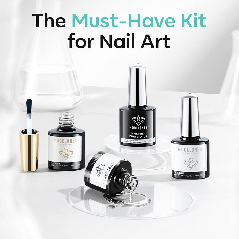 modelones Nail Dehydrator and Primer with Gel Base & Top Coat Set, Acid Free Acrylic Supplies Primer Glossy Gel Nail Polish Nail Thickening Solution Top Coat