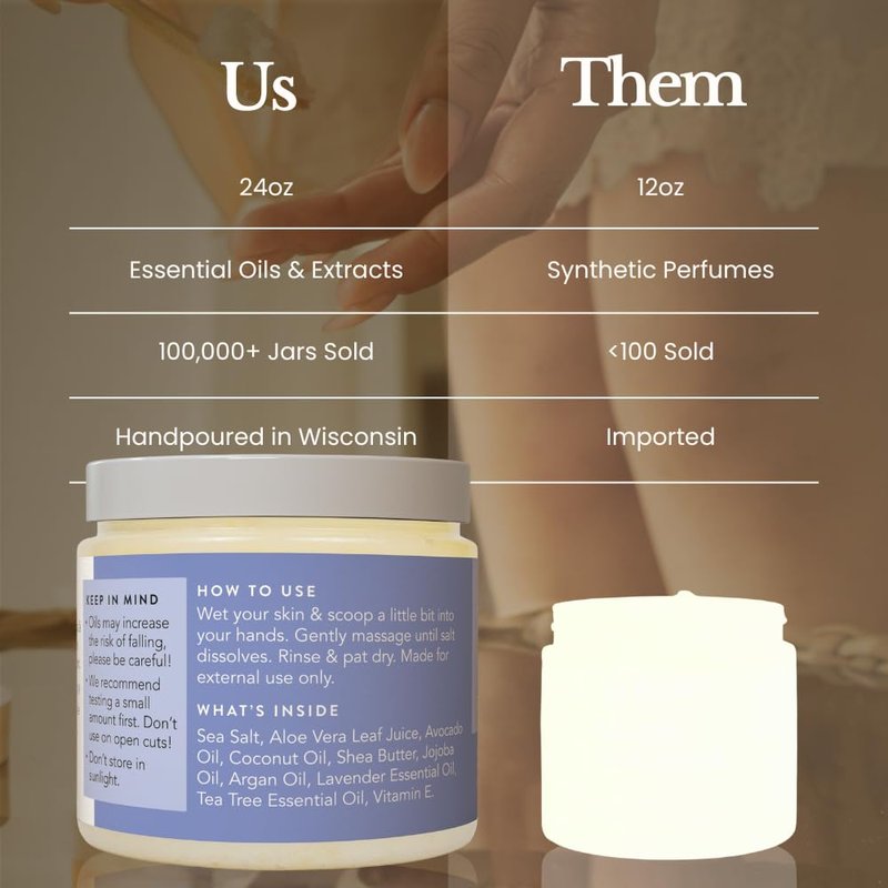 Lavender Tea Tree Body Scrub - All-Natural Sea Salt Exfoliator | 24oz Vegan Moisturizer with Wooden Spoon