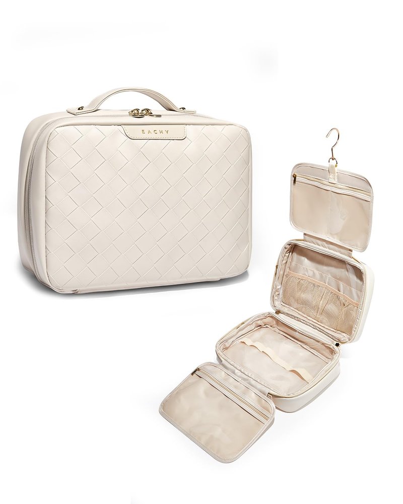 EACHY Travel Toiletry Bag with Hanging Hook, Portable Makeup Cosmetic Bags for Women, Water-Resistant Full-Size Travel Accessories (Plait White)