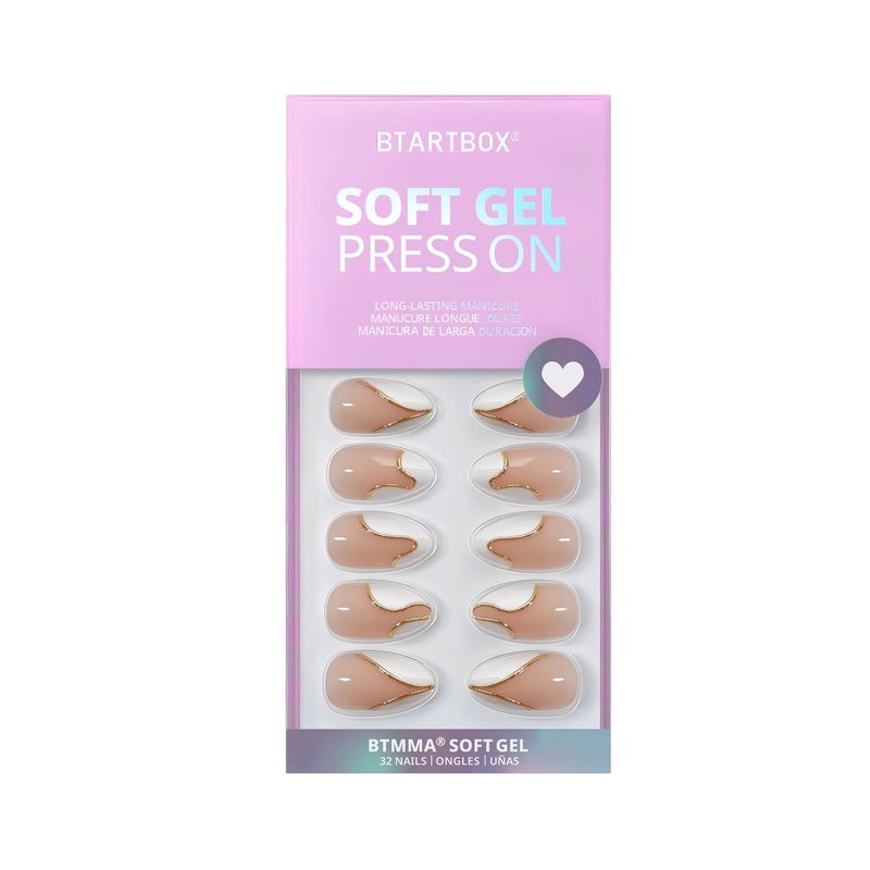 Press On Nails Almond - White French Tip Design with Gold Foil | Short Glue-On Nails in 16 Sizes - 30 Nail Kit