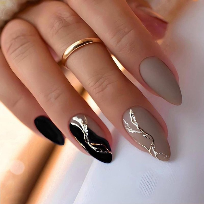 144Pcs Press on Nails Medium Almond Fake Nails French Tip False Nails with Designs Stick on Nails Full Cover Acrylic Nail for Women Manicure 6 Packs