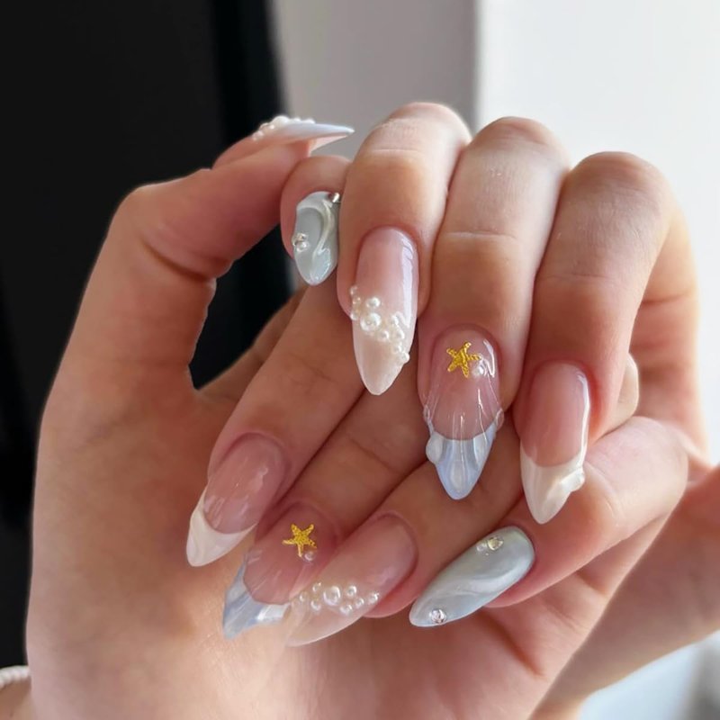 Blue French Tip Press On Nails Almond Shape Fake Nails with 3D Wave & Pearl Design, Glossy Summer Acrylic Nails for Beach, Vacation, Party & Daily Wear (30 PCS)