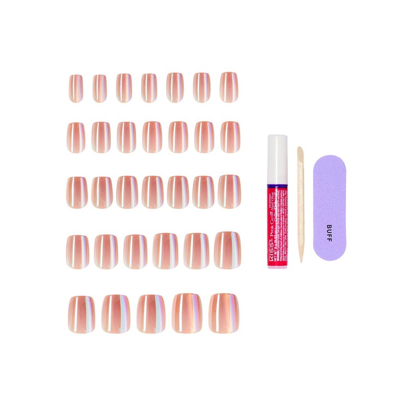 Kiss Glam, Press On Nails, Nail glue included, 'Golden Hour Affairs', Pink, Short Size, Squoval Shape, Includes 32 Nails, 2g Glue, 1 Manicure Stick, 1 Mini File