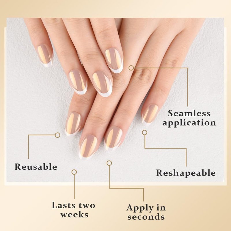 evpct French Tip Press On Nails Short Round Oval No Glue, Nude White Tips, Chrome Glazed Short Round Oval Fake False Press on Nails, Reusable Soft Stick on nail Press ons with Nail Kit, Salon-quality