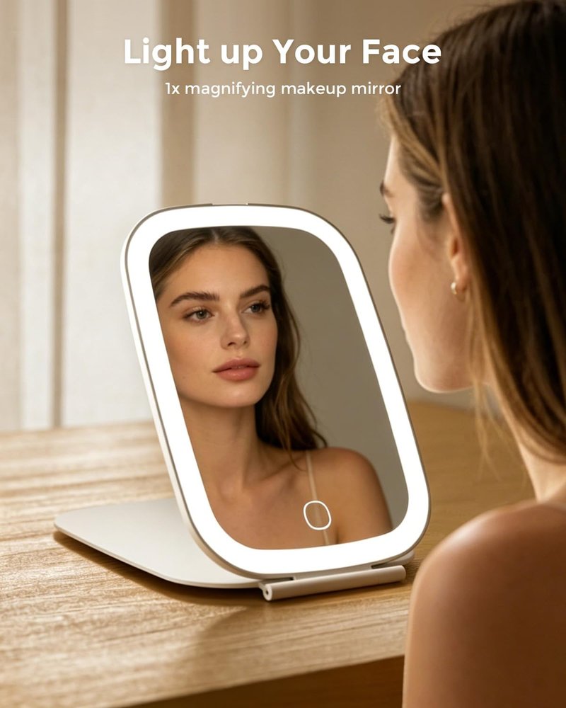 NEZZOE Travel Mirror with LED Light, Rechargeable Portable Lighted Makeup Mirror, 3 Lighting Modes Dimmable Touch Control, Foldable Compact Vanity Mirror for Travel Tabletop, 7x5 Inch