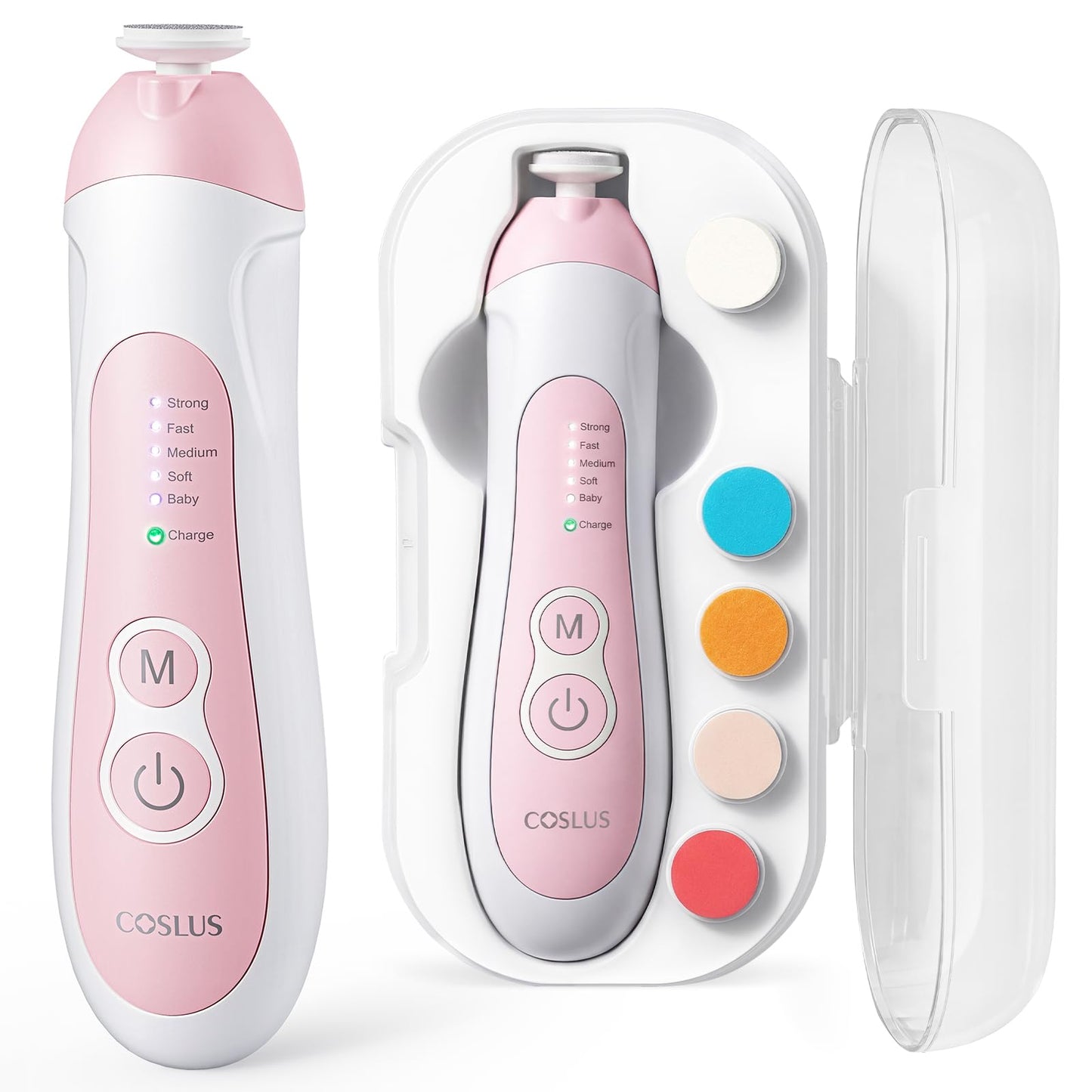 COSLUS C52 Rechargeable Baby Nail File: Cordless Baby Nail Trimmer Electric with 5 Speeds & 6 Grinding Heads for Baby Kid, CPC Certified and Quiet Design - Safe for Sleep Trim Buffer, Pink