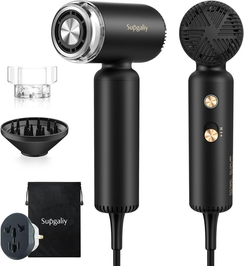Skiennix Dual Voltage Travel Hair Dryer - Mini High-Speed Ionic Blow Dryer with Diffuser | Lightweight & Portable, Black