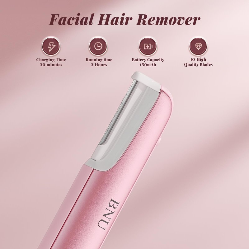 Dermaplane Razor for Women Face, BNU Facial Hair Remover for Anti-Aging, Rechargeable, LED Light, Sonic Edges, 3 Speeds, Ergonomic Handle Face Dermaplaning Tool 10 Blades Pink