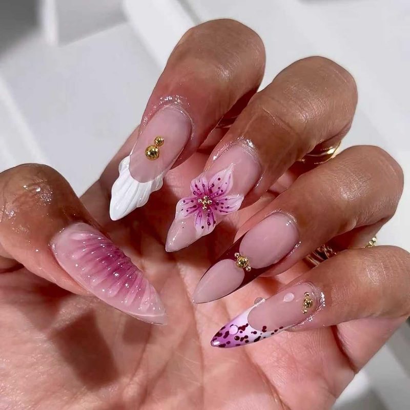 Almond Press-On Nails - Medium White French Tip with 3D Purple Flowers | Full Cover Acrylic Nail Art Kit - 24 Pcs