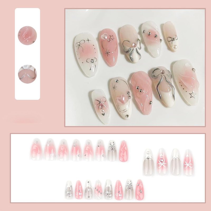 Press On Nails - Medium Almond Gradient Pink & White with Silver Bow | 24 Reusable 3D Rhinestone French Tip Nails for Women