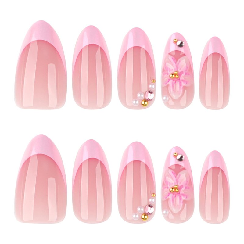 Jremg Pink Chrome Press on Nails Medium Almond Fake Nails with Rhinestones Designs Adorable 3D Pink Floral False Nails Reusable Glossy Artificial French Tip Glue on Nails for Women 24Pcs
