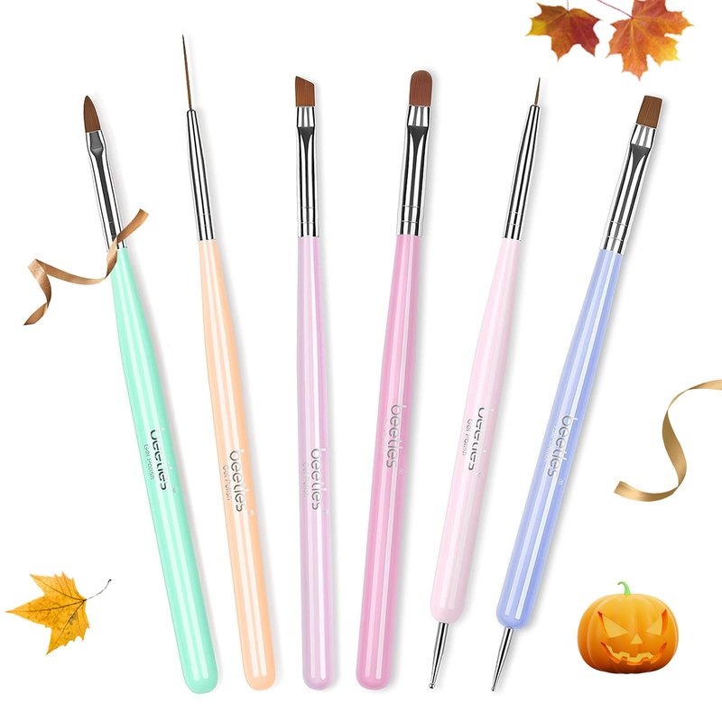 Beetles Gel Polish Nail Art Brushes, 6 Pcs Fingernail Art Design Pens, Wood Alloy Handle, Dotting Pen Clean Up Liner French Nail Brush Set, DIY Manicure Tools Gift for Women