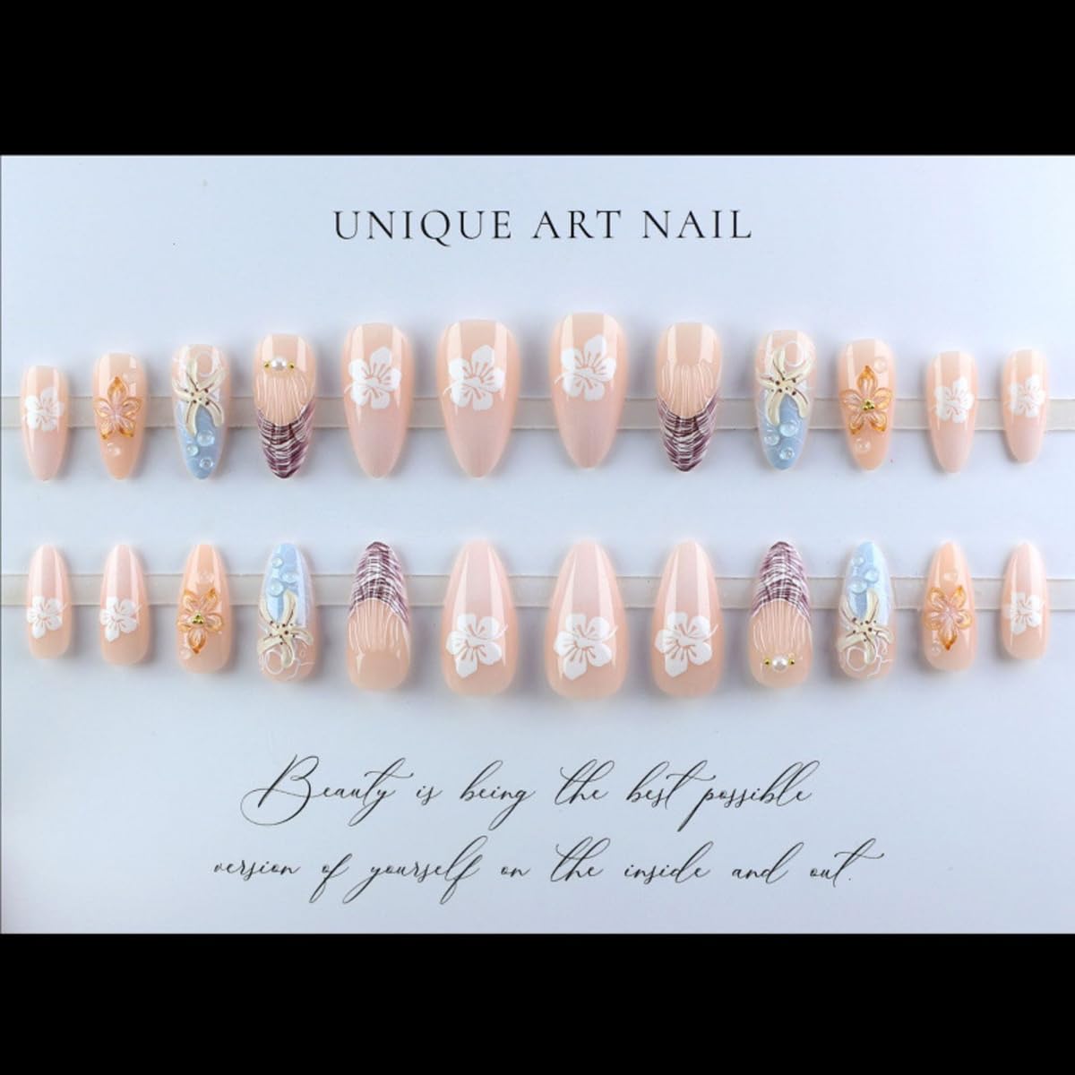 Skiennix Summer Press On Nails - Medium Almond French Tip with 3D Flower & Starfish | 24PCS Glossy Manicure Kit