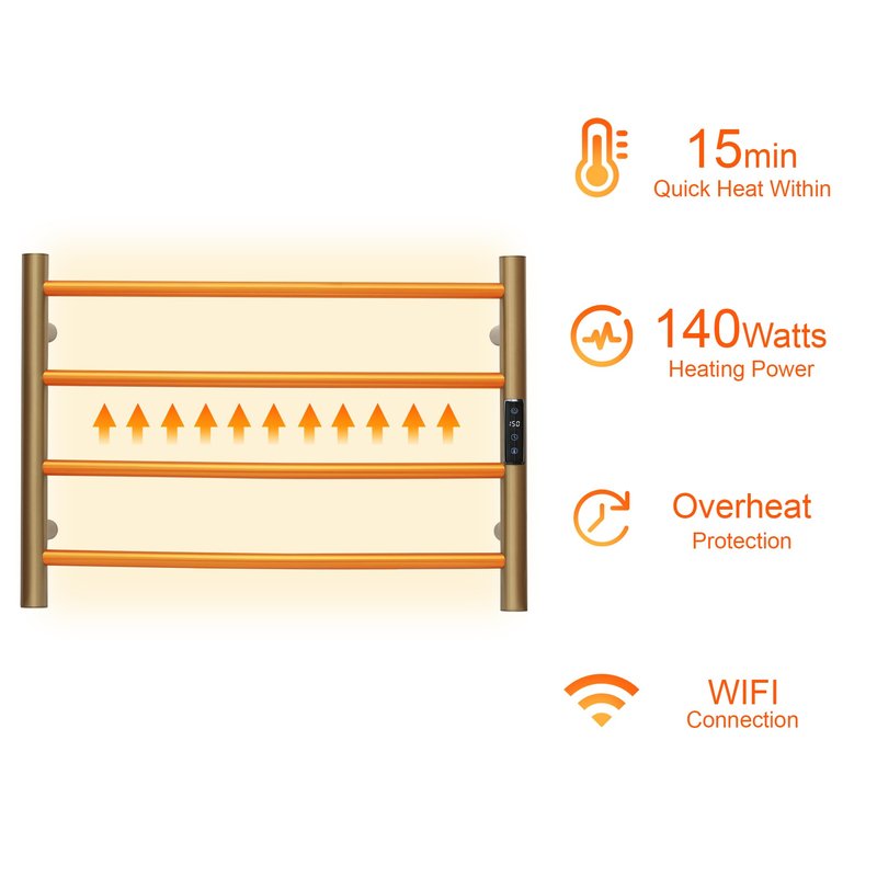 SHARNDY Electric Towel Rack with Voice Control for Alexa & Google Home,TUYA - Wall-Mounted Bathroom Heating Towel Warmer,Plug-in,Stainless Steel Material,16.54x23.62x5.51 in,Gold，4 Bars