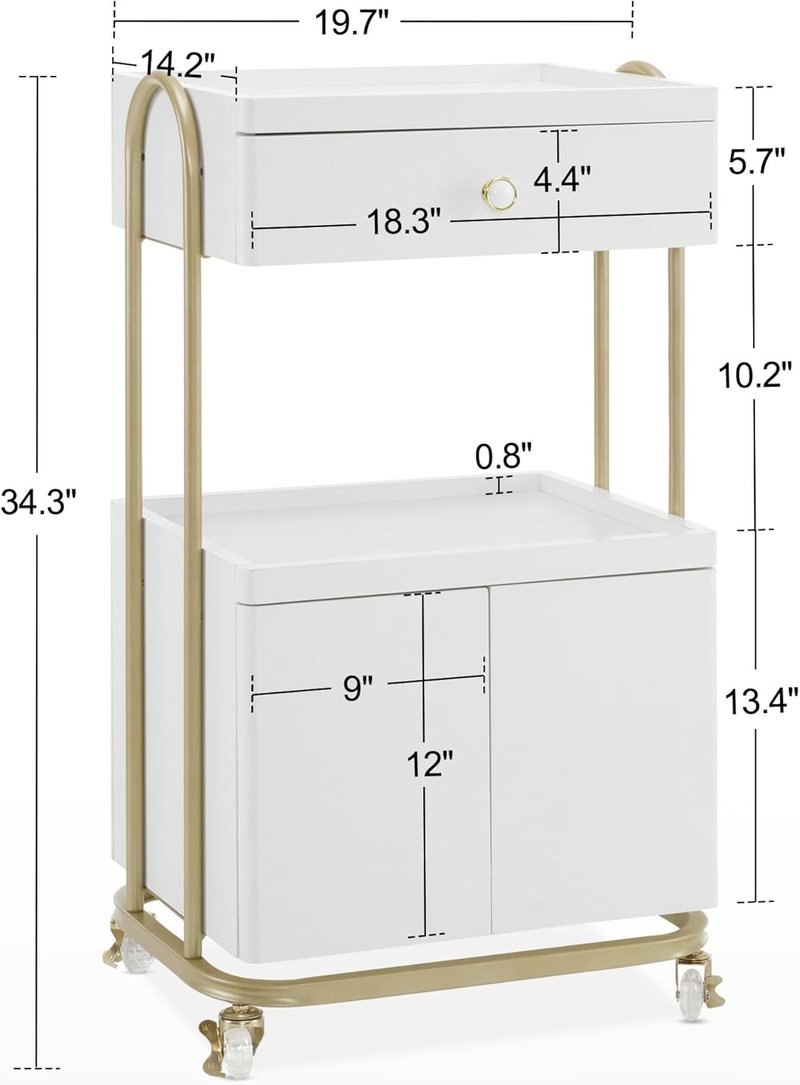 BarberPub Salon Trolley - Rolling Cart with Universal Wheels & Drawer | Metal Organizer for Hair Stylists & SPA (White)