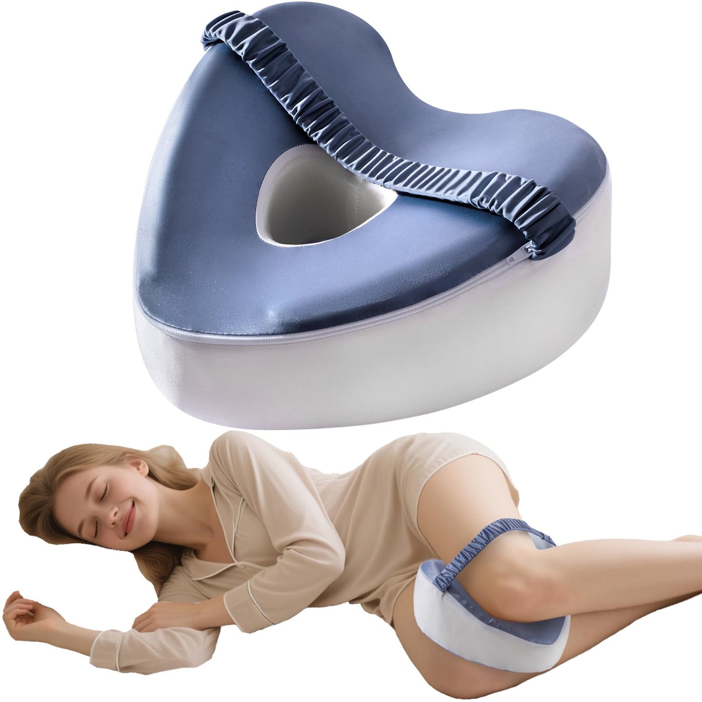 xiaomubiao Memory Foam Knee Pillow for Side Sleepers, Cooling Leg Pillow with Adjustable Strap for Sciatica, Hip & Back Pain Relief, Orthopedic Contour Between Leg Cushion with Washable Cover