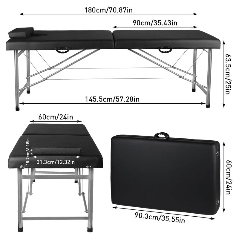 Senrob Portable Folding Massage Table – 2-Section Lightweight Salon & Spa Bed for Tattoo, Facials, Massage Therapy – Foldable Beauty Table for Home & Professional Use (Black)