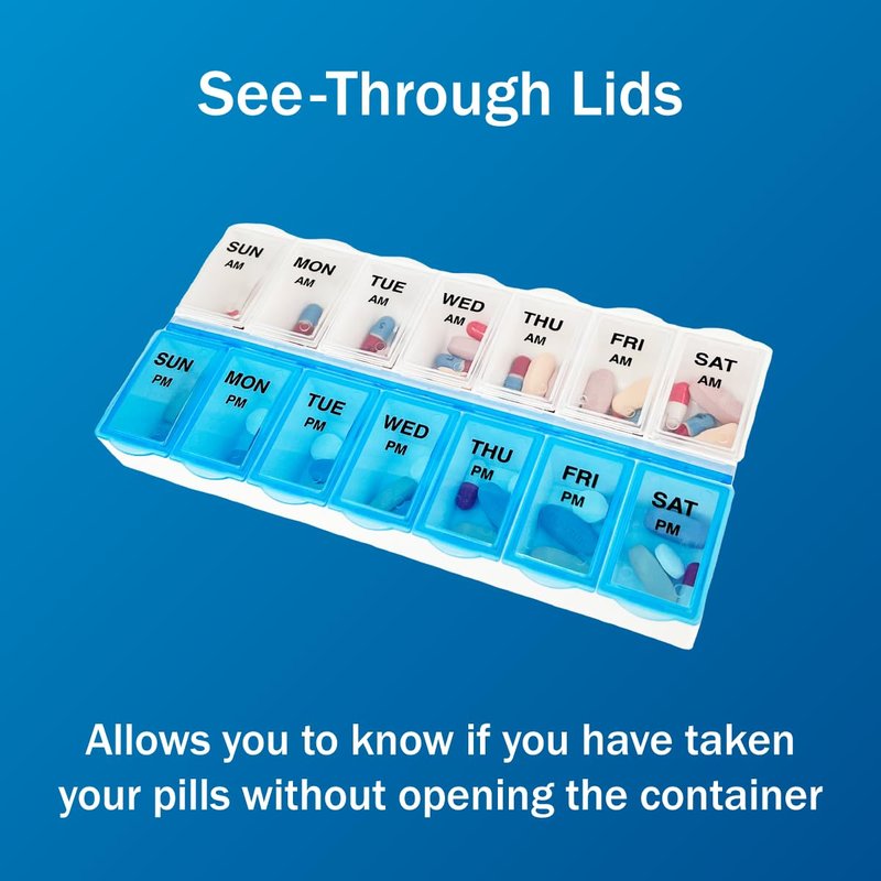 Amazon Basic Care 7-Day AM/PM Pill Organizer, Medication Planner with Large Compartments for Tablets, Blue and Clear Lids