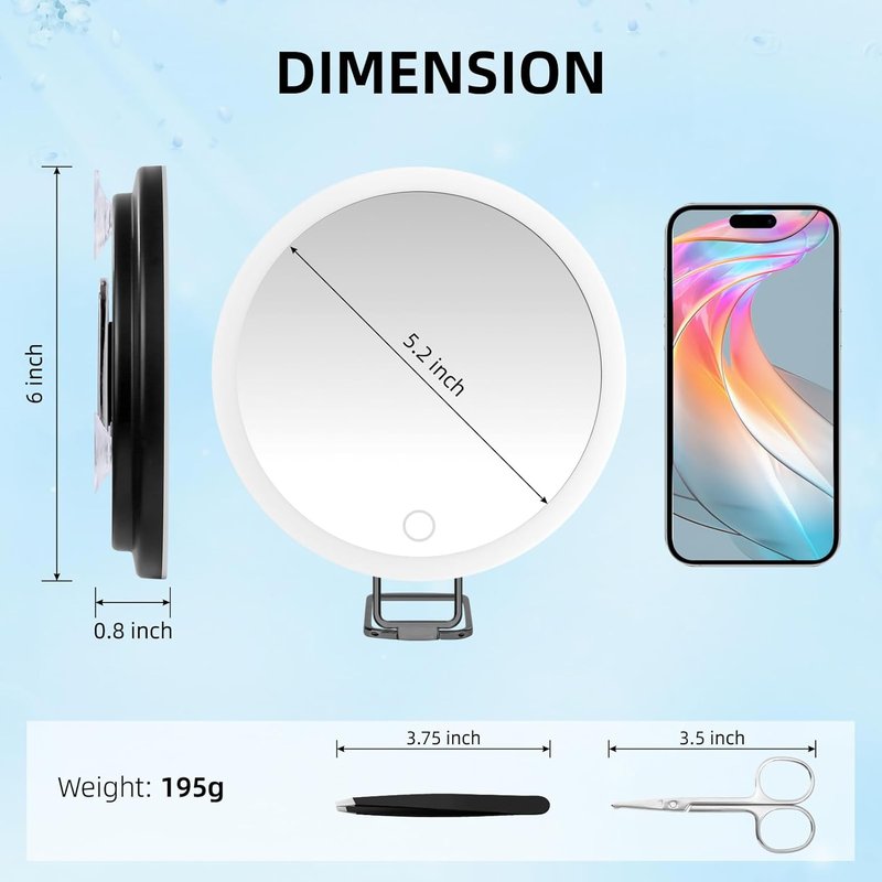 10X Magnifying Mirror with Lights - 6-Inch Lighted Makeup Mirror with 3 Suction Cups & 360° Adjustable Bracket | Includes Tweezers & Scissors