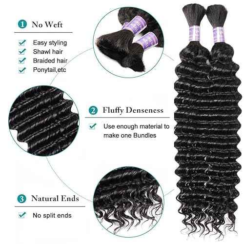 Human Braiding Hair 2 Bundle 100g Deep Wave Bulk Human Hair for Braiding No Weft 12A Brazilian Virgin Curly Human Hair Extensions for Boho Braids (Deep Wave-1B, 28/100g)