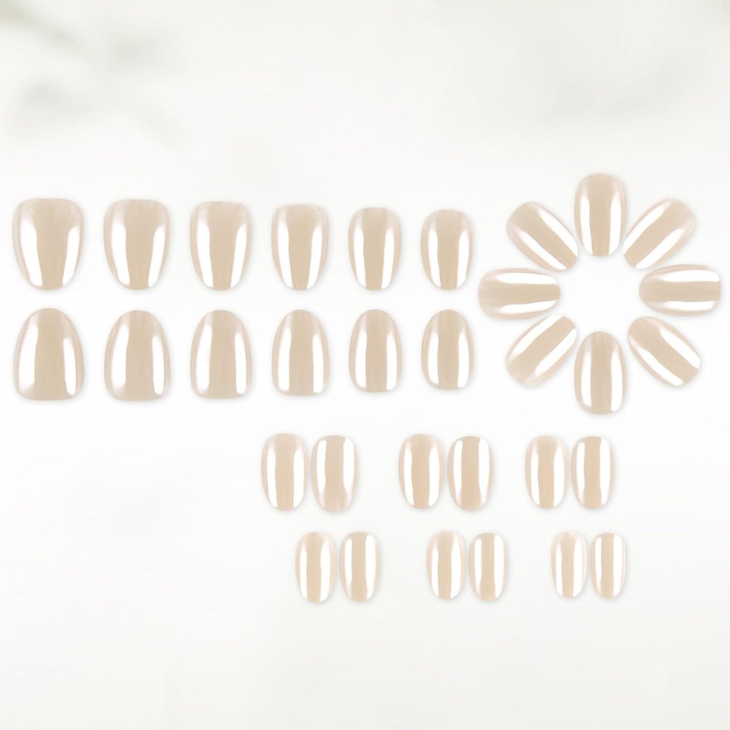 Skiennix Short Oval Press-On Nails | Nude White Shimmer Pearl Finish | 32 Pcs Full Cover Set