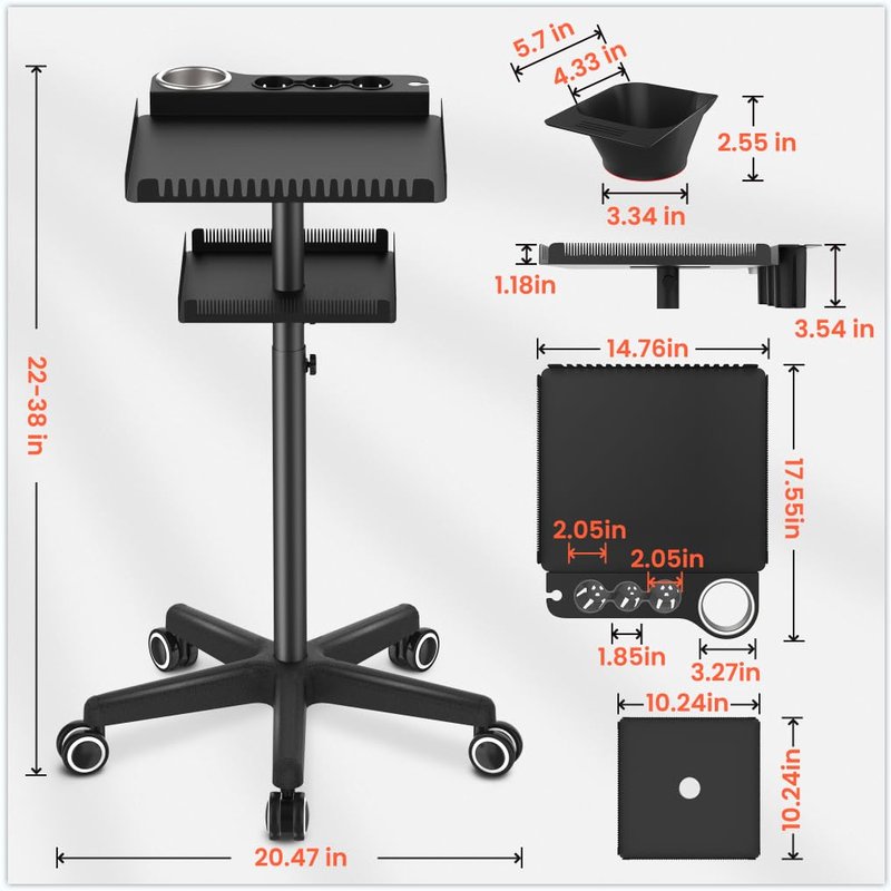 Professional Hair Extensions Organizer Cart - Metal Salon Tray with Magnetic Bowls & Hair Dryer Holder | Adjustable Rolling Base, Black