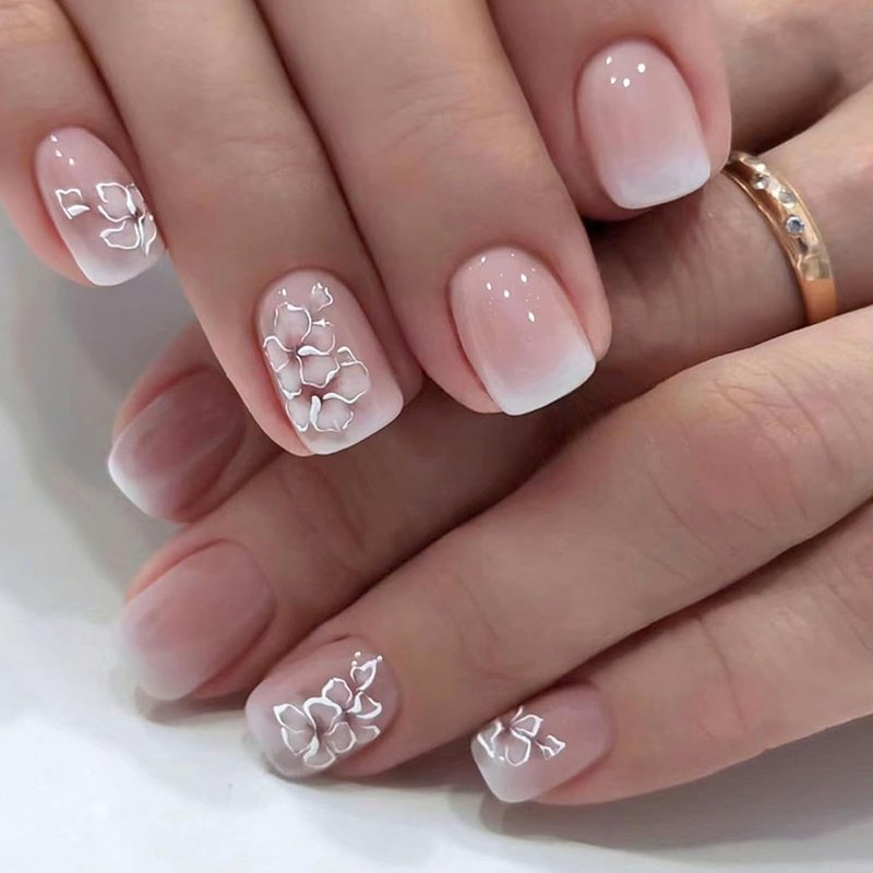 6 Packs (144 Pcs) Press on Nails Medium - Jsiallye Pink Gradient Press on Nails Square Coffin, Glue on with Nail in 12 Sizes - 24 Fake Nails Kit, French Tip Stick on Nails for Women