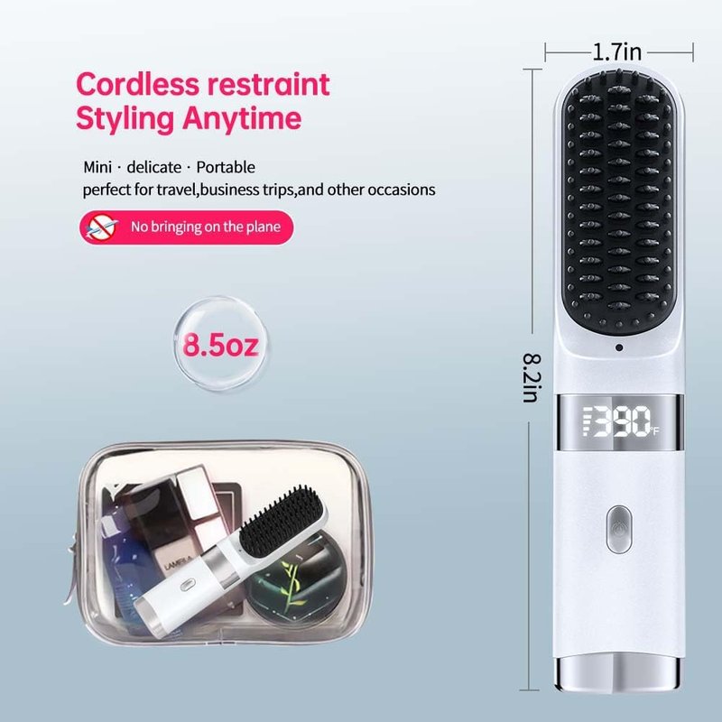 Skiennix Cordless Hair Straightener Brush - Portable Travel Comb with Fast Heating & LCD Display (White)