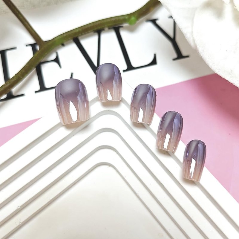 Ombre Press on Nails Short Square Fake Nails Purple Gradient False Nails Press ons with Designs Chrome Cat Eye Acrylic Nails Glossy Finish Full Cover Glue on Nail for Women Manicure 24Pcs