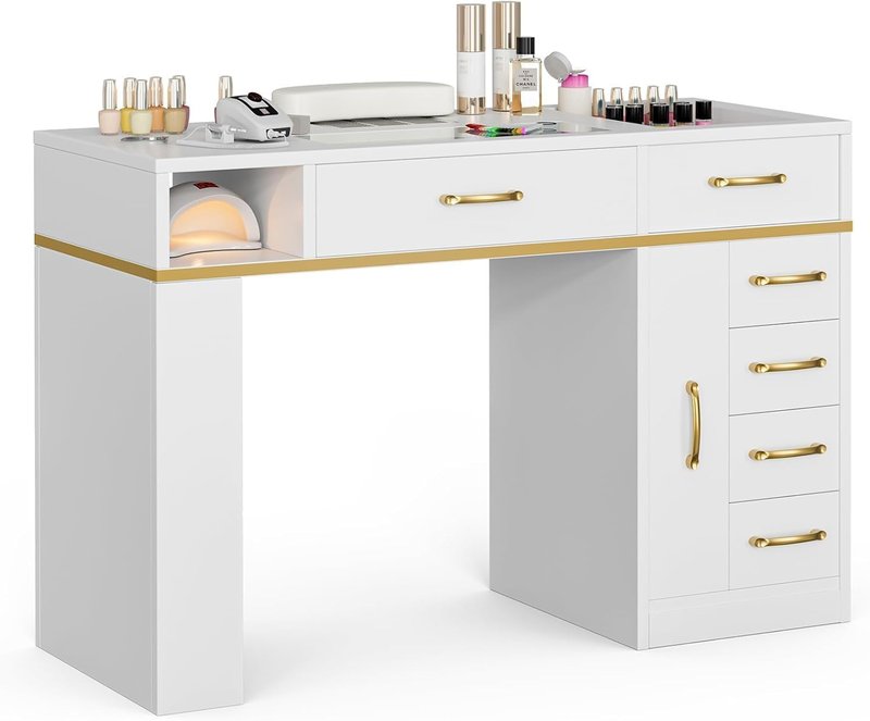 Belandi Manicure Table Nail Station for Nail Tech, Glass Top Nail Table Acetone Resistant w/Dust Collector, 7 Drawers & Shelves, Nail Workstation w/Wrist Cushion, Acrylic Display Stand(WH-White)
