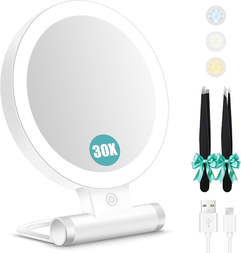 Magnifying Makeup Mirror with Light - 30X Double-Sided, Adjustable Brightness, Foldable Travel Design | 9" L x 7" W
