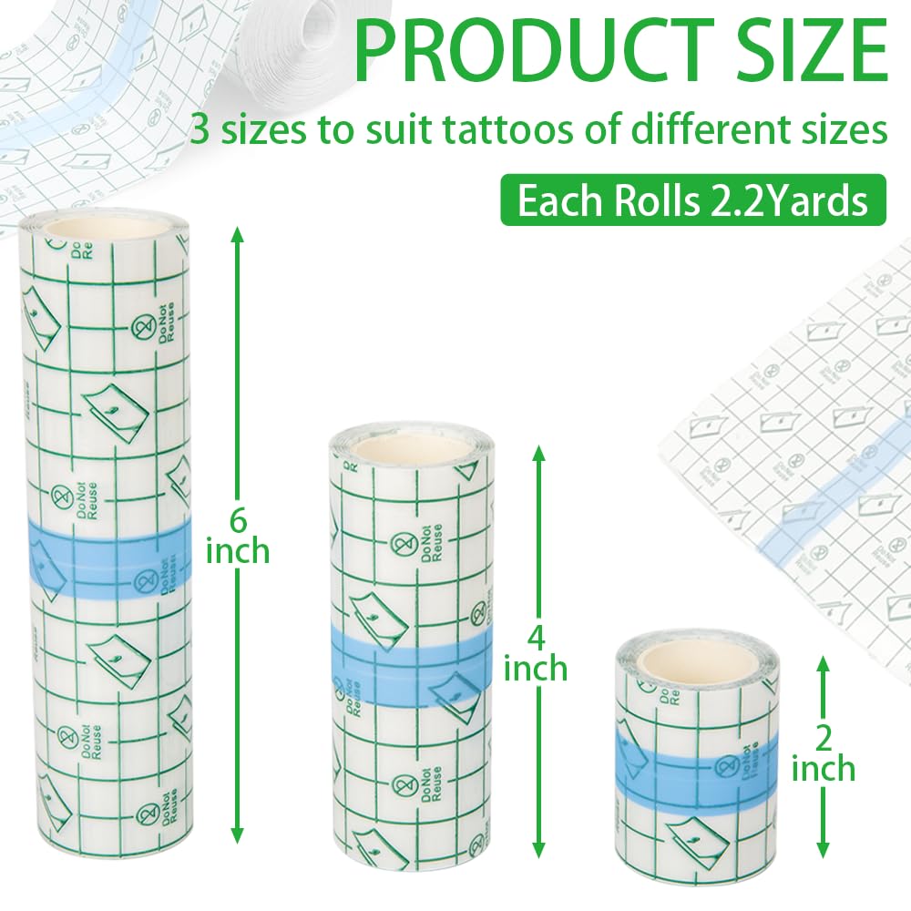 Flatoedu 3 Rolls Tattoo Aftercare Bandage - Waterproof Transparent Film for Tattoo Initial Healing and Skin Repair Adhesive Tattoo Supply Wrap Second Skin Tattoo Cover (2 Inch, 4 Inch, 6 Inch)