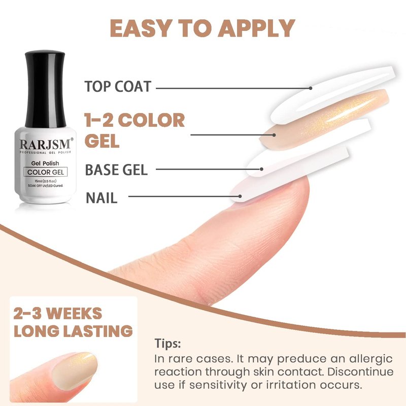 RARJSM Nude Gel Nail Polish - Apricot Gold Glitter Shimmer | Soak Off LED UV Curing, 15ml