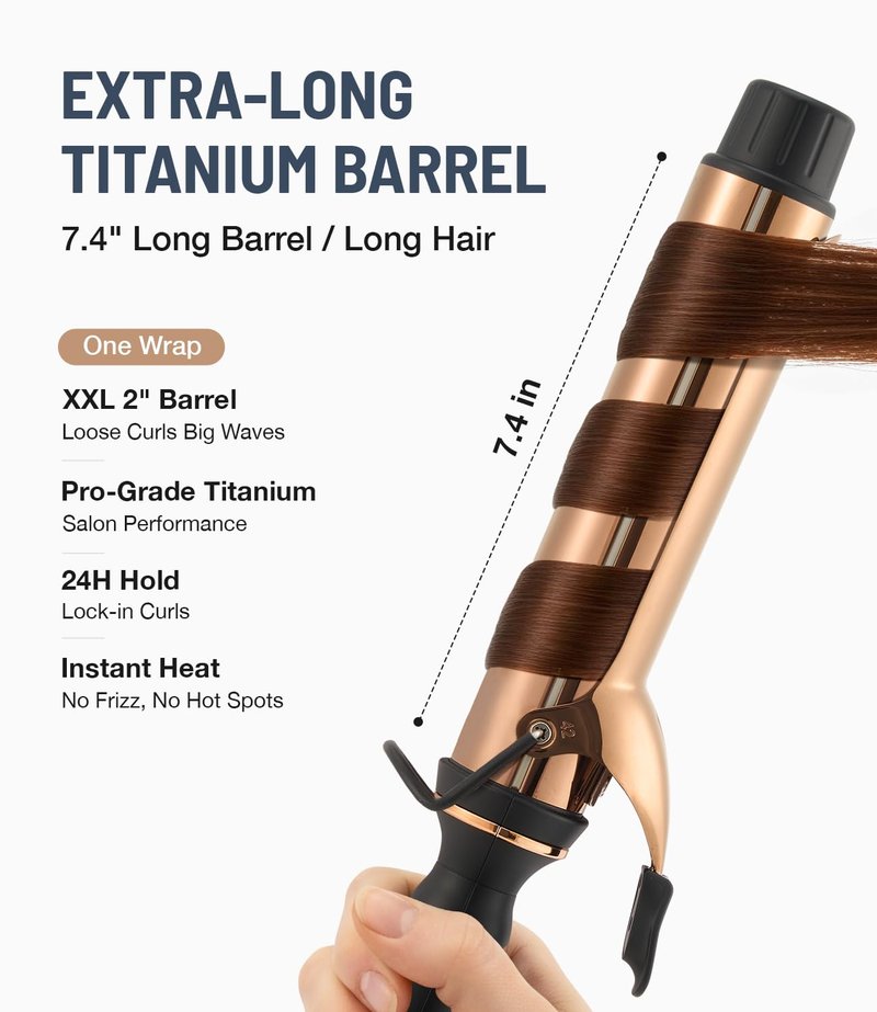 ORYNNE Titanium 2 Inch Curling Iron，Extra-Long Barrel for Long Hair, Curling Iron 2 Inch with Dual PTC Heater, 12 Heat Settings Big Barrel Curling Irons, 60 Mins Auto-Off & Dual Voltage